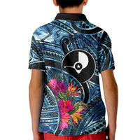 Yap Day Island Floral Tribal Heritage Kid Polo Shirt Micronesian Hibiscus Pattern Polynesian Tattoo Blue Art TS04 - Polynesian Pride