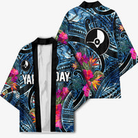 Yap Day Island Floral Tribal Heritage Kimono Micronesian Hibiscus Pattern Polynesian Tattoo Blue Art TS04 - Polynesian Pride