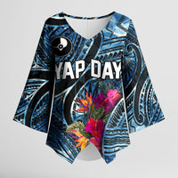 Yap Day Island Floral Tribal Heritage Kimono Sleeve Blouse Micronesian Hibiscus Pattern Polynesian Tattoo Blue Art TS04 Female Black Blue - Polynesian Pride