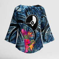 Yap Day Island Floral Tribal Heritage Kimono Sleeve Blouse Micronesian Hibiscus Pattern Polynesian Tattoo Blue Art TS04 - Polynesian Pride