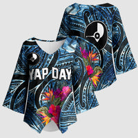 Yap Day Island Floral Tribal Heritage Kimono Sleeve Blouse Micronesian Hibiscus Pattern Polynesian Tattoo Blue Art TS04 - Polynesian Pride