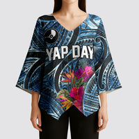 Yap Day Island Floral Tribal Heritage Kimono Sleeve Blouse Micronesian Hibiscus Pattern Polynesian Tattoo Blue Art TS04 - Polynesian Pride