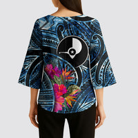 Yap Day Island Floral Tribal Heritage Kimono Sleeve Blouse Micronesian Hibiscus Pattern Polynesian Tattoo Blue Art TS04 - Polynesian Pride