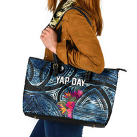 Yap Day Island Floral Tribal Heritage Leather Tote Bag Micronesian Hibiscus Pattern Polynesian Tattoo Blue Art TS04 Black Blue - Polynesian Pride