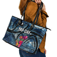 Yap Day Island Floral Tribal Heritage Leather Tote Bag Micronesian Hibiscus Pattern Polynesian Tattoo Blue Art TS04 - Polynesian Pride