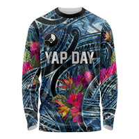 Yap Day Island Floral Tribal Heritage Long Sleeve Shirt Micronesian Hibiscus Pattern Polynesian Tattoo Blue Art TS04 Unisex Black Blue - Polynesian Pride