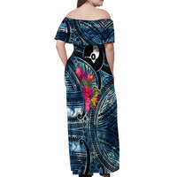 Yap Day Island Floral Tribal Heritage Off Shoulder Maxi Dress Micronesian Hibiscus Pattern Polynesian Tattoo Blue Art TS04 - Polynesian Pride