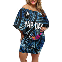 Yap Day Island Floral Tribal Heritage Off Shoulder Short Dress Micronesian Hibiscus Pattern Polynesian Tattoo Blue Art TS04 Women Black Blue - Polynesian Pride