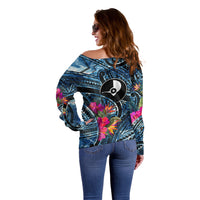 Yap Day Island Floral Tribal Heritage Off Shoulder Sweater Micronesian Hibiscus Pattern Polynesian Tattoo Blue Art TS04 - Polynesian Pride