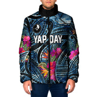 Yap Day Island Floral Tribal Heritage Padded Jacket Micronesian Hibiscus Pattern Polynesian Tattoo Blue Art TS04 Men Black Blue - Polynesian Pride