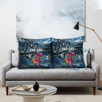 Yap Day Island Floral Tribal Heritage Pillow Cover Micronesian Hibiscus Pattern Polynesian Tattoo Blue Art TS04 - Polynesian Pride
