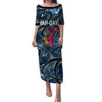 Yap Day Island Floral Tribal Heritage Puletasi Micronesian Hibiscus Pattern Polynesian Tattoo Blue Art TS04 Long Dress Black Blue - Polynesian Pride