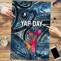 Yap Day Island Floral Tribal Heritage Puzzle Micronesian Hibiscus Pattern Polynesian Tattoo Blue Art TS04 Black Blue - Polynesian Pride