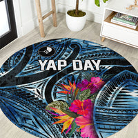 Yap Day Island Floral Tribal Heritage Round Carpet Micronesian Hibiscus Pattern Polynesian Tattoo Blue Art TS04 Black Blue - Polynesian Pride