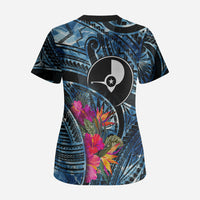 Yap Day Island Floral Tribal Heritage Scrub Top Micronesian Hibiscus Pattern Polynesian Tattoo Blue Art TS04 - Polynesian Pride