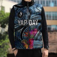 Yap Day Island Floral Tribal Heritage Sleeveless Puffer Jacket Micronesian Hibiscus Pattern Polynesian Tattoo Blue Art TS04 - Polynesian Pride