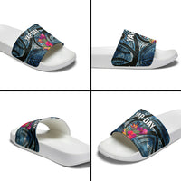 Yap Day Island Floral Tribal Heritage Slide Sandals Micronesian Hibiscus Pattern Polynesian Tattoo Blue Art TS04 - Polynesian Pride
