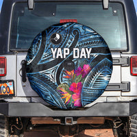 Yap Day Island Floral Tribal Heritage Spare Tire Cover Micronesian Hibiscus Pattern Polynesian Tattoo Blue Art TS04 Black Blue - Polynesian Pride