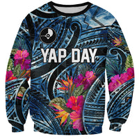 Yap Day Island Floral Tribal Heritage Sweatshirt Micronesian Hibiscus Pattern Polynesian Tattoo Blue Art TS04 Unisex Black Blue - Polynesian Pride