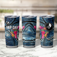 Yap Day Island Floral Tribal Heritage Tumbler Cup Micronesian Hibiscus Pattern Polynesian Tattoo Blue Art TS04 - Polynesian Pride