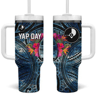 Yap Day Island Floral Tribal Heritage Tumbler With Handle Micronesian Hibiscus Pattern Polynesian Tattoo Blue Art TS04 One Size: 40 oz Black Blue - Polynesian Pride