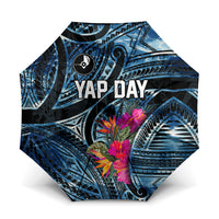 Yap Day Island Floral Tribal Heritage Umbrella Micronesian Hibiscus Pattern Polynesian Tattoo Blue Art TS04 One Size Folded 11.42 inch Opened Diameter 37.4 inch Black Blue - Polynesian Pride