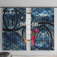Yap Day Island Floral Tribal Heritage Window Curtain Micronesian Hibiscus Pattern Polynesian Tattoo Blue Art TS04 With Hooks Black Blue - Polynesian Pride