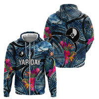 Yap Day Island Floral Tribal Heritage Zip Hoodie Micronesian Hibiscus Pattern Polynesian Tattoo Blue Art TS04 - Polynesian Pride