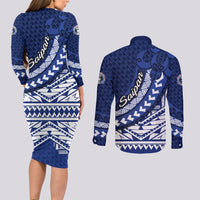 Northern Mariana Islands Saipan Couples Matching Long Sleeve Bodycon Dress and Long Sleeve Button Shirt Polynesian Tribal Pattern - Commonwealth Seal Art TS04 - Polynesian Pride