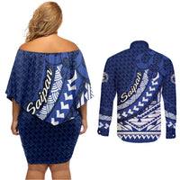 Northern Mariana Islands Saipan Couples Matching Off Shoulder Short Dress and Long Sleeve Button Shirt Polynesian Tribal Pattern - Commonwealth Seal Art TS04 - Polynesian Pride