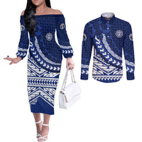 Northern Mariana Islands Saipan Couples Matching Off The Shoulder Long Sleeve Dress and Long Sleeve Button Shirt Polynesian Tribal Pattern - Commonwealth Seal Art TS04 Blue White - Polynesian Pride