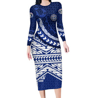 Northern Mariana Islands Saipan Family Matching Long Sleeve Bodycon Dress and Hawaiian Shirt Polynesian Tribal Pattern - Commonwealth Seal Art TS04 Mom's Dress Blue White - Polynesian Pride