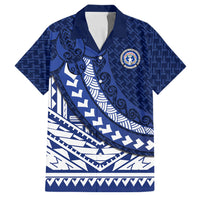 Northern Mariana Islands Saipan Family Matching Off The Shoulder Long Sleeve Dress and Hawaiian Shirt Polynesian Tribal Pattern - Commonwealth Seal Art TS04 Dad's Shirt - Short Sleeve Blue White - Polynesian Pride