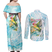 Saipan CMNI Couples Matching Off Shoulder Maxi Dress and Long Sleeve Button Shirt Polynesian Northern Mariana Islands Fruit Dove Watercolor TS04 - Polynesian Pride