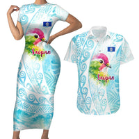 Saipan CMNI Couples Matching Short Sleeve Bodycon Dress and Hawaiian Shirt Polynesian Northern Mariana Islands Fruit Dove Watercolor TS04 Blue White - Polynesian Pride
