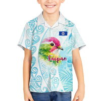 Saipan CMNI Family Matching Long Sleeve Bodycon Dress and Hawaiian Shirt Polynesian Northern Mariana Islands Fruit Dove Watercolor TS04 Son's Shirt Blue White - Polynesian Pride