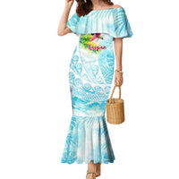 Saipan CMNI Family Matching Mermaid Dress and Hawaiian Shirt Polynesian Northern Mariana Islands Fruit Dove Watercolor TS04 Mom's Dress Blue White - Polynesian Pride