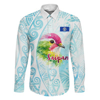Saipan CMNI Family Matching Off The Shoulder Long Sleeve Dress and Hawaiian Shirt Polynesian Northern Mariana Islands Fruit Dove Watercolor TS04 Dad's Shirt - Long Sleeve Blue White - Polynesian Pride