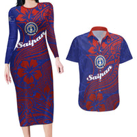 Saipan Northern Mariana Islands Couples Matching Long Sleeve Bodycon Dress and Hawaiian Shirt Polynesian Tribal Tattoo Art With Hibiscus Flowers And Seal TS04 Blue Red - Polynesian Pride
