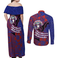 Saipan Northern Mariana Islands Couples Matching Off Shoulder Maxi Dress and Long Sleeve Button Shirt Polynesian Tribal Tattoo Art With Hibiscus Flowers And Seal TS04 - Polynesian Pride