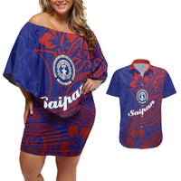 Saipan Northern Mariana Islands Couples Matching Off Shoulder Short Dress and Hawaiian Shirt Polynesian Tribal Tattoo Art With Hibiscus Flowers And Seal TS04 Blue Red - Polynesian Pride