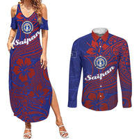 Saipan Northern Mariana Islands Couples Matching Summer Maxi Dress and Long Sleeve Button Shirt Polynesian Tribal Tattoo Art With Hibiscus Flowers And Seal TS04 Blue Red - Polynesian Pride