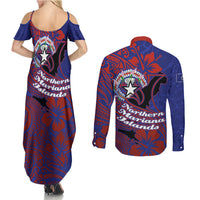 Saipan Northern Mariana Islands Couples Matching Summer Maxi Dress and Long Sleeve Button Shirt Polynesian Tribal Tattoo Art With Hibiscus Flowers And Seal TS04 - Polynesian Pride