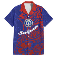 Saipan Northern Mariana Islands Family Matching Long Sleeve Bodycon Dress and Hawaiian Shirt Polynesian Tribal Tattoo Art With Hibiscus Flowers And Seal TS04 Dad's Shirt - Short Sleeve Blue Red - Polynesian Pride