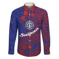 Saipan Northern Mariana Islands Family Matching Mermaid Dress and Hawaiian Shirt Polynesian Tribal Tattoo Art With Hibiscus Flowers And Seal TS04 Dad's Shirt - Long Sleeve Blue Red - Polynesian Pride