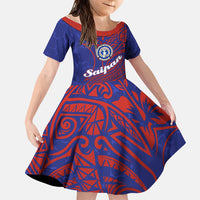 Saipan Northern Mariana Islands Family Matching Off Shoulder Maxi Dress and Hawaiian Shirt Polynesian Tribal Tattoo Art With Hibiscus Flowers And Seal TS04 Daughter's Dress Blue Red - Polynesian Pride
