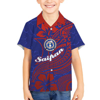 Saipan Northern Mariana Islands Family Matching Short Sleeve Bodycon Dress and Hawaiian Shirt Polynesian Tribal Tattoo Art With Hibiscus Flowers And Seal TS04 Son's Shirt Blue Red - Polynesian Pride