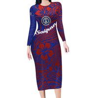 Saipan Northern Mariana Islands Long Sleeve Bodycon Dress Polynesian Tribal Tattoo Art With Hibiscus Flowers And Seal TS04 Long Dress Blue Red - Polynesian Pride