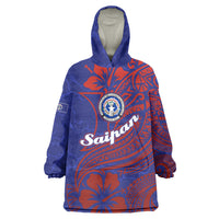 Saipan Northern Mariana Islands Wearable Blanket Hoodie Polynesian Tribal Tattoo Art With Hibiscus Flowers And Seal TS04 One Size Blue Red - Polynesian Pride