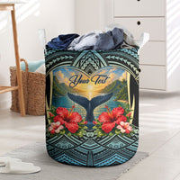 Personalized Masefau American Samoa Whale Laundry Basket Polynesian Tribal Pattern Tropical Hibiscus TS04 Black Blue - Polynesian Pride